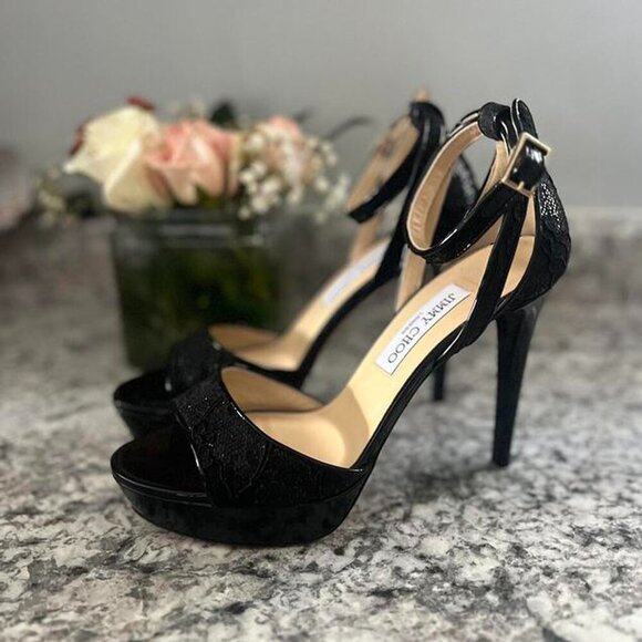 Jimmy Choo London Black Kayden Ankle Strap Sandal 40.5 Leather Suede Glitter - Picture 14 of 14